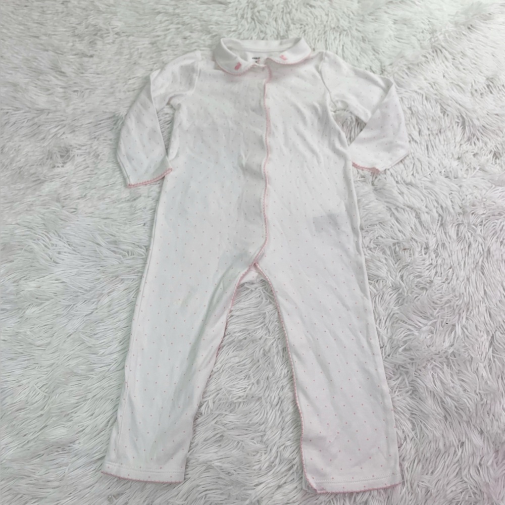 Janie & Jack long sleeve polka dot collared one piece overall in pink white
